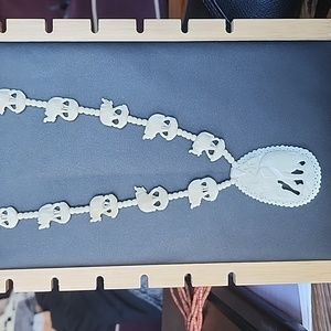 Vintage Carved Elephant Necklace White Plastic Safari Pendant Statement Necklace